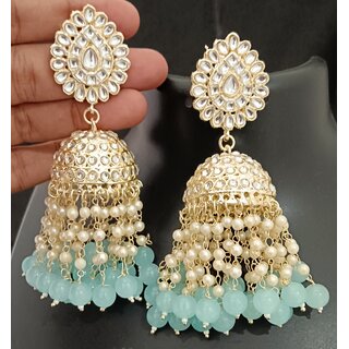                       Light Blue Pearls Kundan Laheriya Jhumka Earrings Set                                              