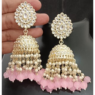                       Pink Pearls Kundan Laheriya Jhumka Earrings Set                                              