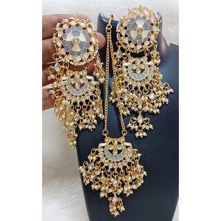                       Grey Pink Meenakari Anupriya Inspired Earrings Tikka Set                                              