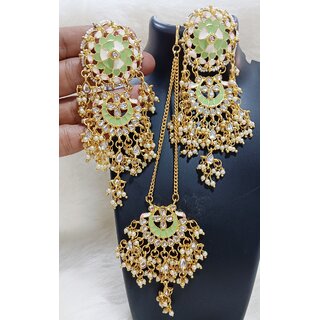                       Mint Green Pink Meenakari Anupriya Inspired Earrings Tikka Set                                              