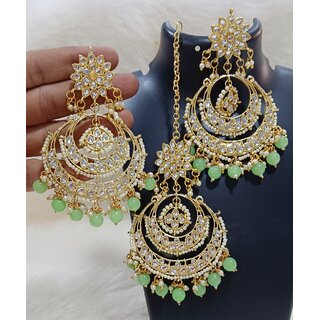                       Premium Quality Kundan Mint Green Pearls Chandbali Earrings Tikka Set                                              