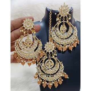                       Premium Quality Kundan Gajri Peech Pearls Chandbali Earrings Tikka Set                                              