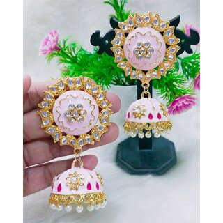                       Magenta Pink Meenakari Huge Jhumki Earrings Set                                              