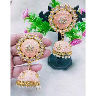                       Peech Pink Meenakari Huge Jhumki Earrings Set                                              