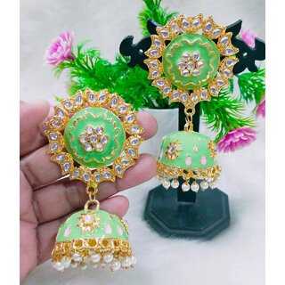                       Mint Green Pink Meenakari Huge Jhumki Earrings Set                                              