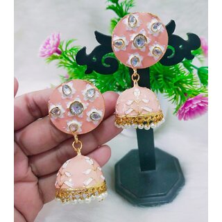                       Designer Indian Bollywood Style Peech Pink Meenakari Jhumki Earrings Set                                              