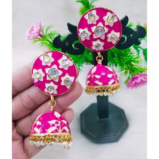                       Designer Indian Bollywood Style Raani Pink Meenakari Jhumki Earrings Set                                              