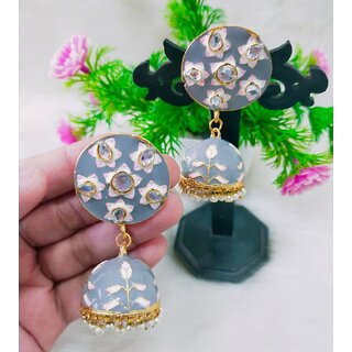                       Designer Indian Bollywood Style Grey Pink Meenakari Jhumki Earrings Set                                              