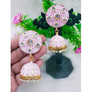                       Designer Indian Bollywood Style Magenta Pink Meenakari Jhumki Earrings Set                                              