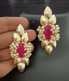 Ruby Kundan Pearls Indo Western Style Earrings Set