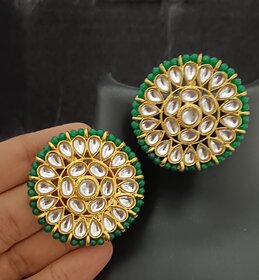 Pachi Kundan Green Pearls Round Huge Studs Earrings Set