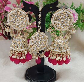 Pachi Kundan Ruby Pearls Jhumki Earrings Tikka Set