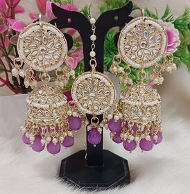 Pachi Kundan Purple Pearls Jhumki Earrings Tikka Set