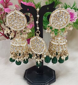 Pachi Kundan Green Pearls Jhumki Earrings Tikka Set