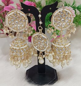 Pachi Kundan Pearls Jhumki Earrings Tikka Set