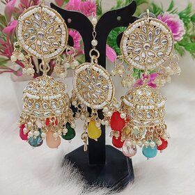 Pachi Kundan Multicolored Pearls Jhumki Earrings Tikka Set