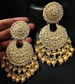 Pachi Kundan Golden Pearls 4 Inch Long Beautiful Chandbali Earrings Set