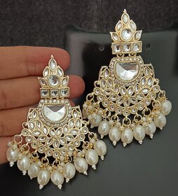 Pachi Kundan Precious Pearls Beautiful Chandbali Earrings Set