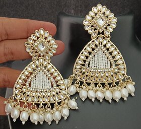 Pachi Kundan Precious Pearls Bandhai Beautiful Chandbali Earrings Set