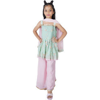                       Party wear Kurta, Sharara  Dupatta Set for girl kids (Light green, pink)                                              