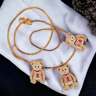                       LUCKY JEWELLERY Trendy Plastic Teddy Bear Locket Chain With Stud Earrings (130-CHL1P-1948)                                              