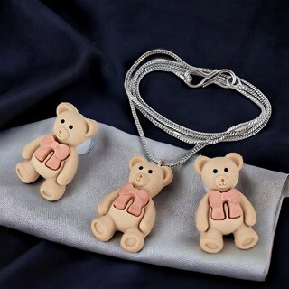                       LUCKY JEWELLERY Trendy Plastic Teddy Bear Locket Chain With Stud Earrings (130-CHL1P-1948-S)                                              