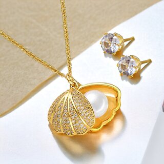                       LUCKY JEWELLERY Trendy Gold Plated Pearl Shell Pendant Locket Chain With Studs (275-CHL1S-1274)                                              