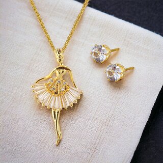                       LUCKY JEWELLERY Trendy Gold Plated Dancing Doll Pendant Locket Chain With Studs (275-CHL1S-1275)                                              