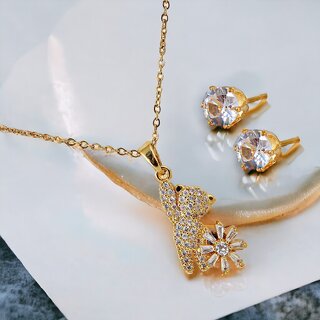                       LUCKY JEWELLERY Trendy Gold Plated Teddy Spin Flower Pendant Chain With Studs (330-CHL1S-1271)                                              