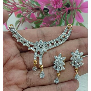                       Designer Beautiful Everyday Wear Long Flower Shape CZ Mangalsutra Earrings Set                                              