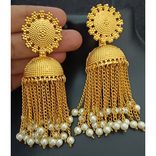                       Gold Plated With Chain Pearls Laheriya Style Jhumki Earrings Set                                              