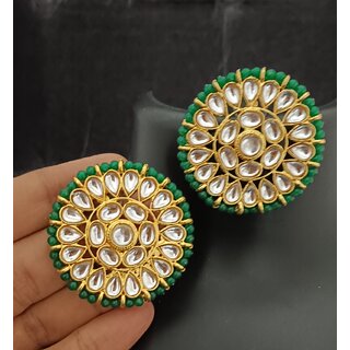                       Pachi Kundan Green Pearls Round Huge Studs Earrings Set                                              