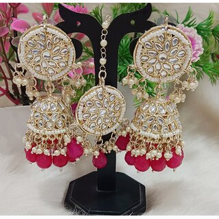                       Pachi Kundan Ruby Pearls Jhumki Earrings Tikka Set                                              