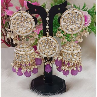                       Pachi Kundan Purple Pearls Jhumki Earrings Tikka Set                                              