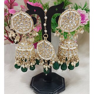                       Pachi Kundan Green Pearls Jhumki Earrings Tikka Set                                              