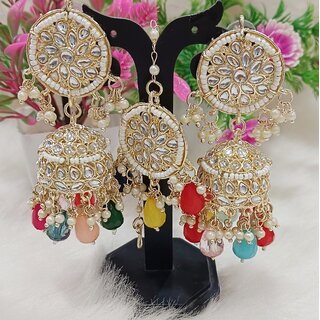                       Pachi Kundan Multicolored Pearls Jhumki Earrings Tikka Set                                              