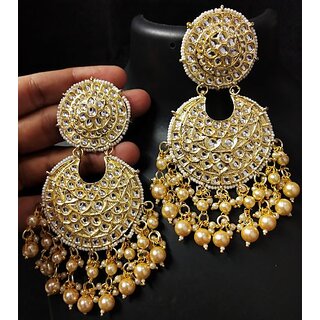                       Pachi Kundan Golden Pearls 4 Inch Long Beautiful Chandbali Earrings Set                                              