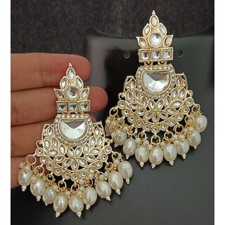                       Pachi Kundan Precious Pearls Beautiful Chandbali Earrings Set                                              