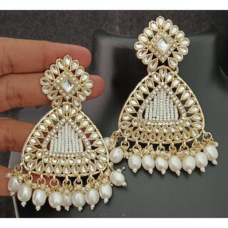                       Pachi Kundan Precious Pearls Bandhai Beautiful Chandbali Earrings Set                                              