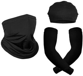 THRIFTKART - Cotton Reusable bandana Head Cap bandana and Arm sleeves Combo Anti Dust UV Ray Pollution Pack of 3 Black