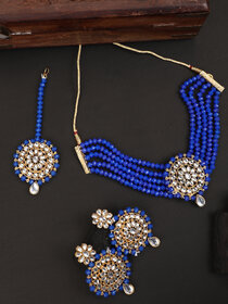 Royal Blue Crystal Kundan Full Length 4pc Bridal Choker Jewellery Set