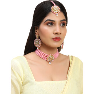                       Pink Crystal Kundan Full Length 4pc Bridal Choker Jewellery Set                                              