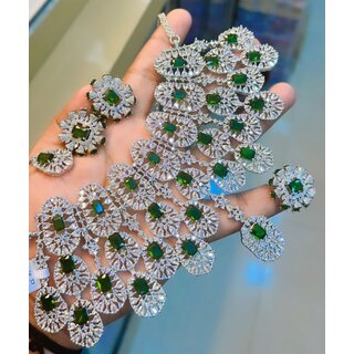                       Kiara Advani Inspired Original Quality AAA CZ White Emerald Green Stone Bridal Jewellery Set                                              