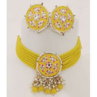                       Yellow Pink Meenakari Crystal Kundan Choker Jewellery Set                                              