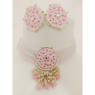                       Magenta Pink Meenakari Crystal Kundan Choker Jewellery Set                                              