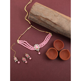                       Pink Crystal Kundan Beautiful All Occasions 4pc  Jewellery Set                                              