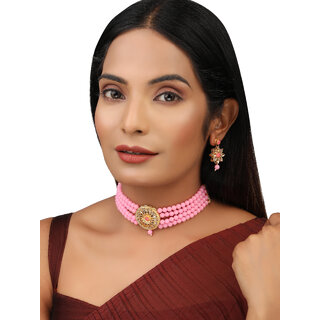                       Pink Pearl Kundan Beautiful All Occasion Necklace Dangle Earrings Set                                              