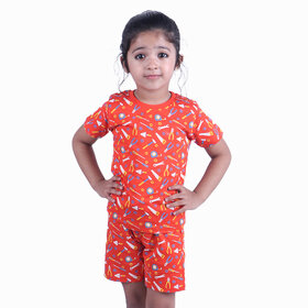 Kid Kupboard Cotton Girls T-Shirt and Short Set, Orange, Half-Sleeves, 5-6 Years KIDS6298