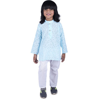                       Kid Kupboard Cotton Boys Kurta and Pyjama Set, Light Blue and White, Full-Sleeves, 6-7 Years KIDS6285                                              