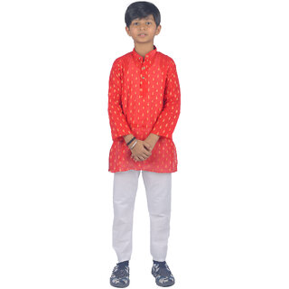                       Kid Kupboard Cotton Boys Kurta and Pyjama Set, Red and White, Full-Sleeves, 8-9 Years KIDS6286                                              